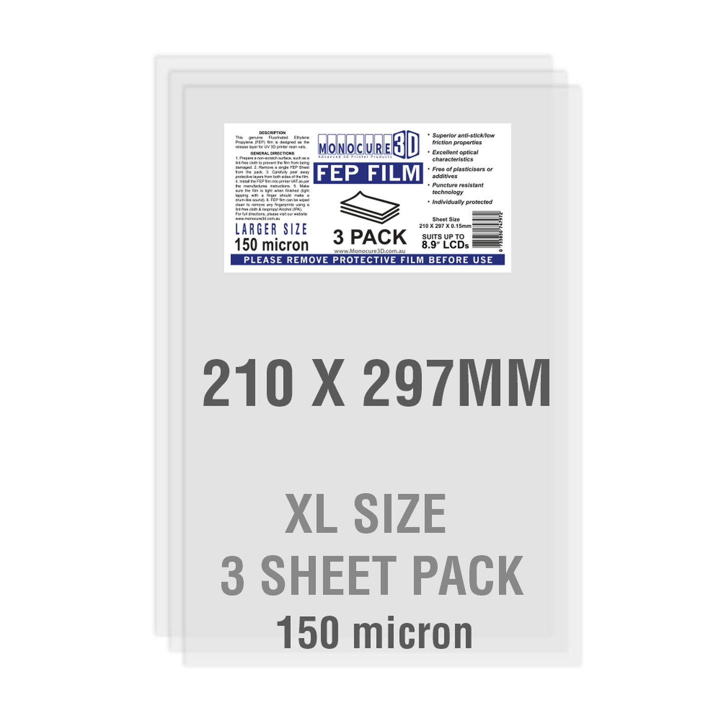 Monocure 3D FEP FILM 150 Micron XL 3 Sheet Pack