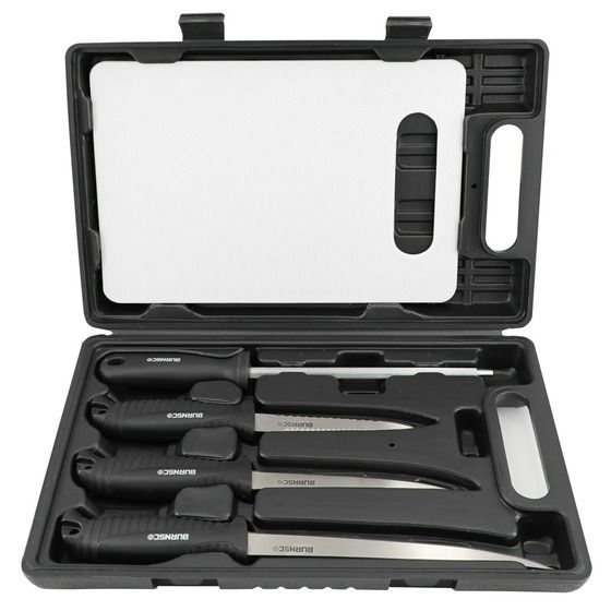 Burnsco Filleting Knife Set 5PC – 6in & 8in Fillet Knives, Serrated Knife, Sharpening Steel, Cutting Board & Carry Case