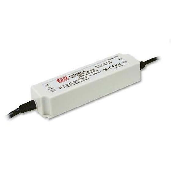 Mean Well 24VDC 2.5A LED Power Supply – IP67 Plastic Case, 5-Year Warranty