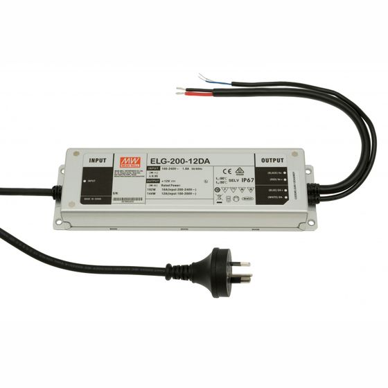 Mean Well ELG Series 200W 12V 16A IP67 LED Driver with AU Main Plug and Ground