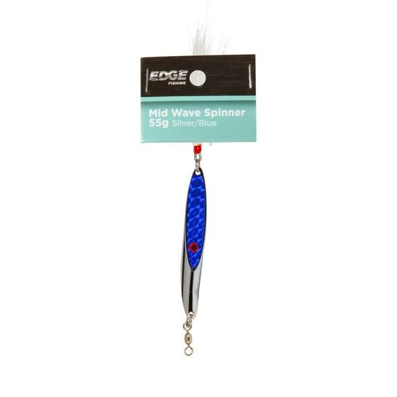 Edge Mid Wave Spinner 55g – Holographic Silver/Blue Kahawai Lure (JAYCAR)