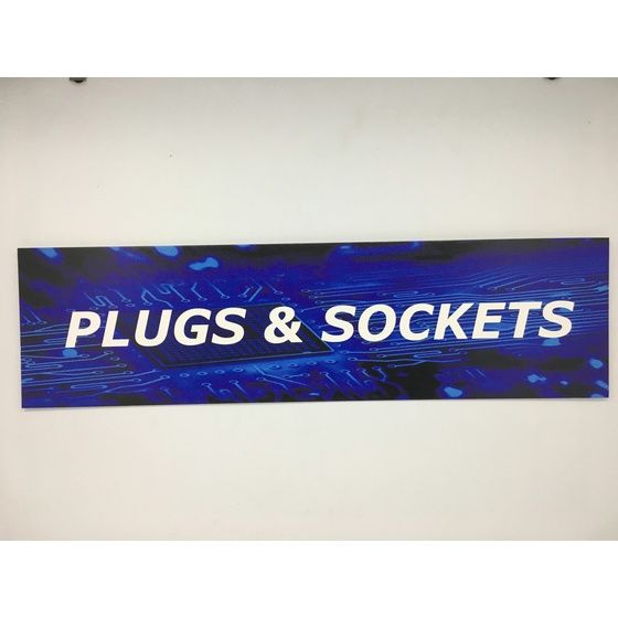 Jaycar Blue Category Sign – PLUGS+SOCKETS | Shop Section Label for Electronics Resellers
