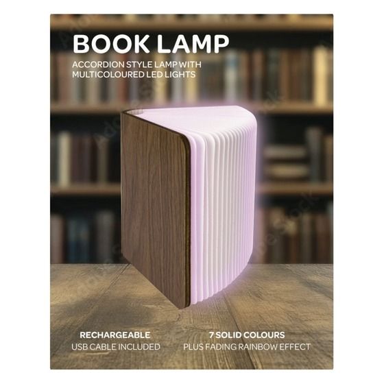 Jaycar Book Night Light – Rechargeable LED Accordion Lamp with 7 Colours & Rainbow Effect