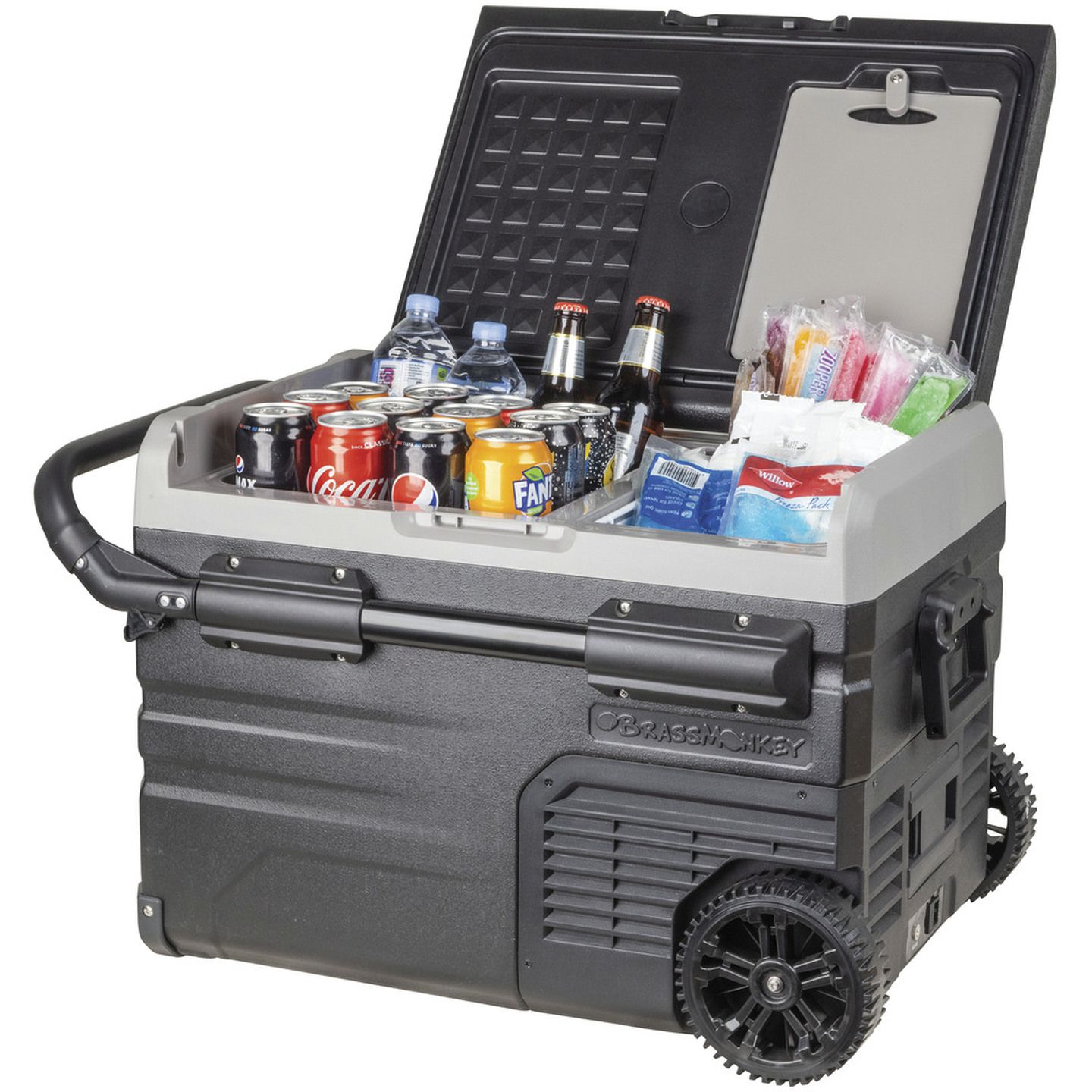 35L Brass Monkey Portable Dual Zone Fridge/Freezer with Wheels and Battery Compartment