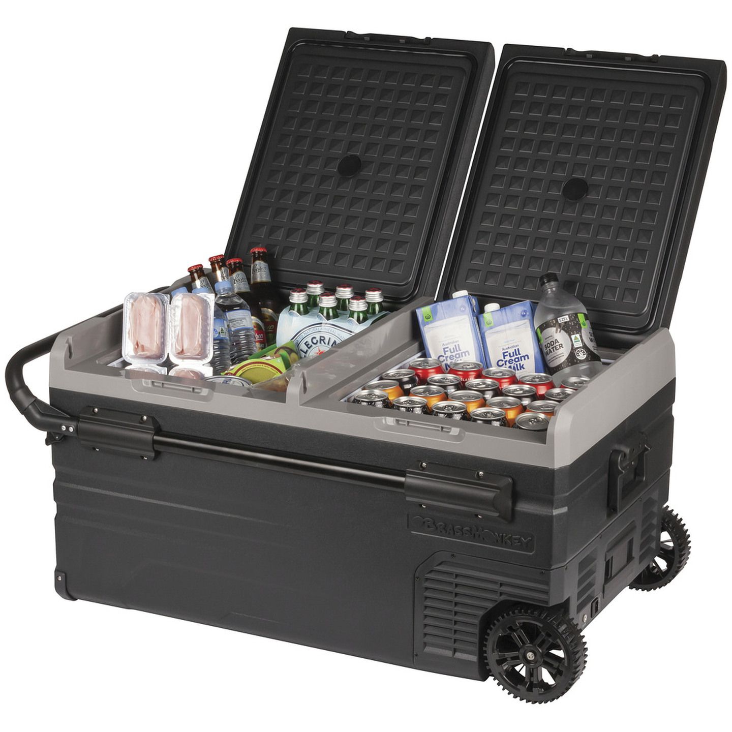 95L Brass Monkey Portable Low Profile Dual Zone Fridge/Freezer with Wheels and Battery Compartment