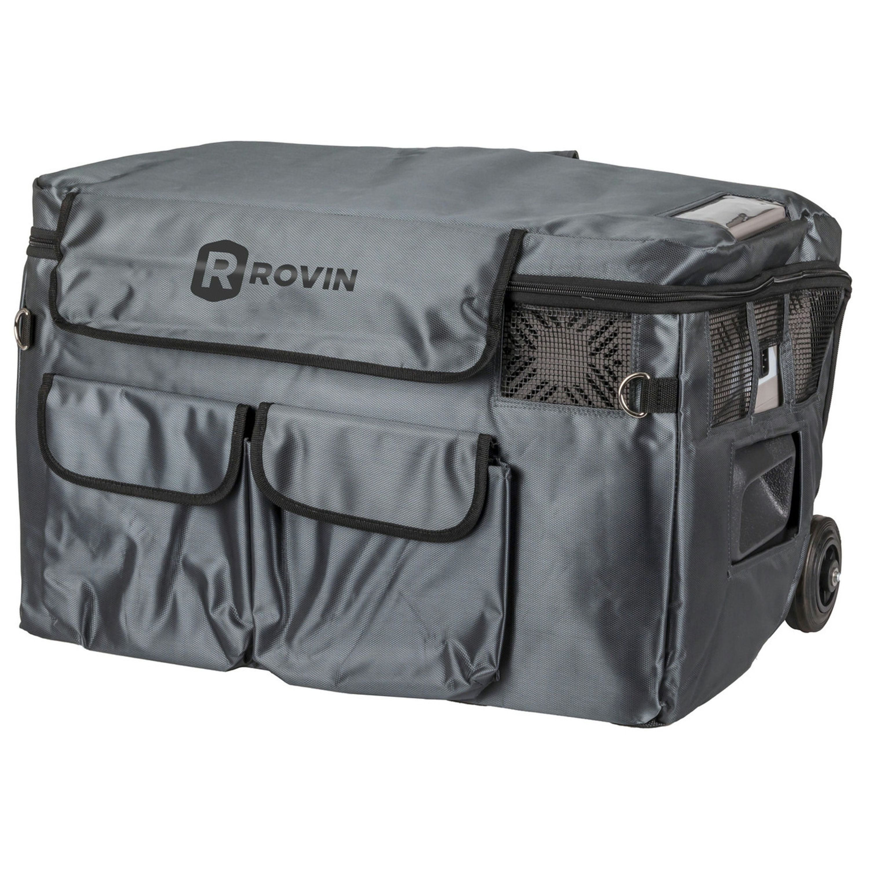 Grey Insulated Cover for 50L Rovin Portable Fridge Freezer with Handle, Wheels, Solar Input and Battery Compartment