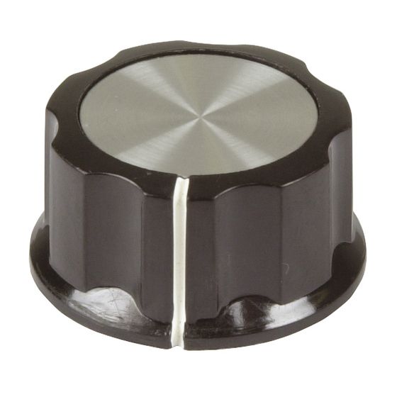 32mm Panel Knob – Black Plastic, Aluminium Insert, White Pointer (0.25/6.3mm Shaft)