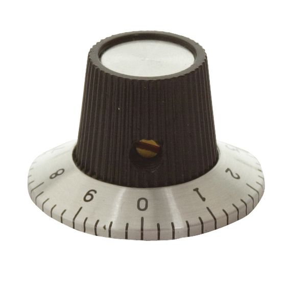 Jaycar 29mm Numbered Knob (0–10) – Skirt with Silver Markings, Plastic & Metal Inserts