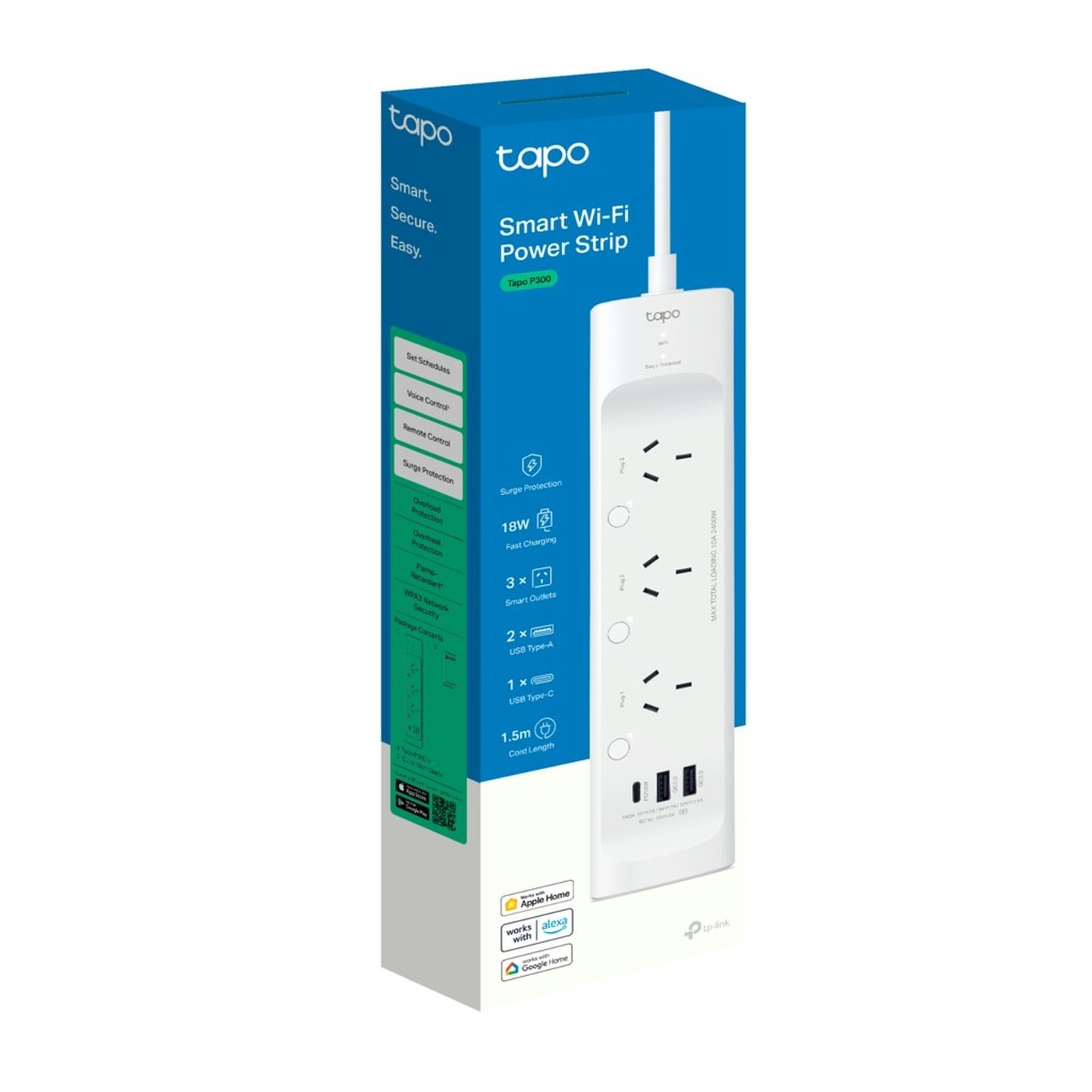 TP-LINK Smart Power Board 3 AC Sockets with 2 x USB A and 1 x USB C  Bluetooth with 1.5 Metre Lead 