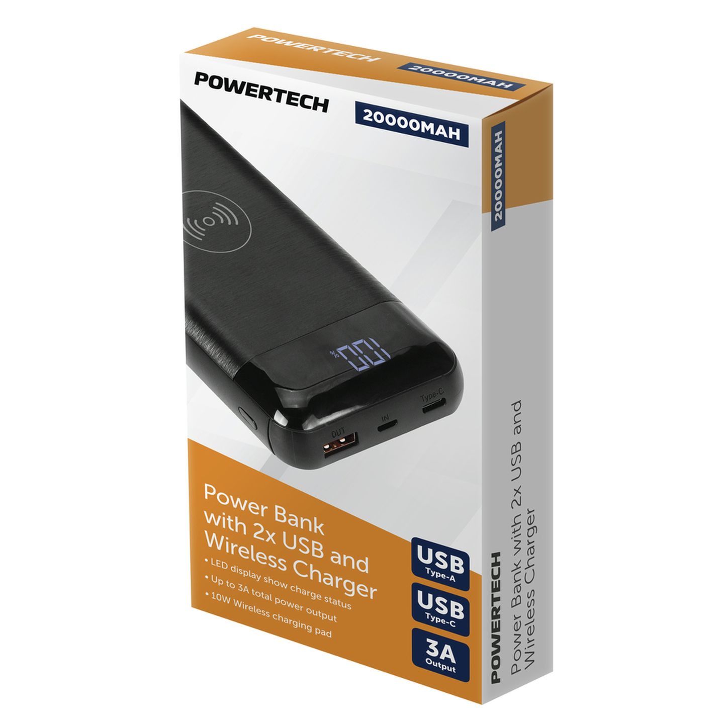 Powertech 20000mAh Power Bank with 2 x USB and Wireless Charger in Black