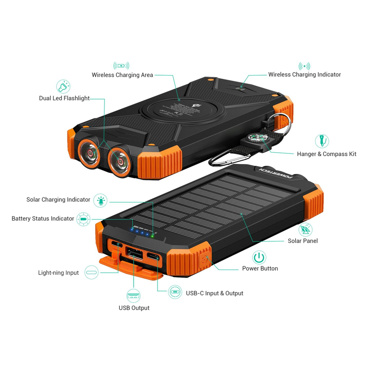 10000mAh Water Resistant Power Bank with Wireless QI  Solar Recharging