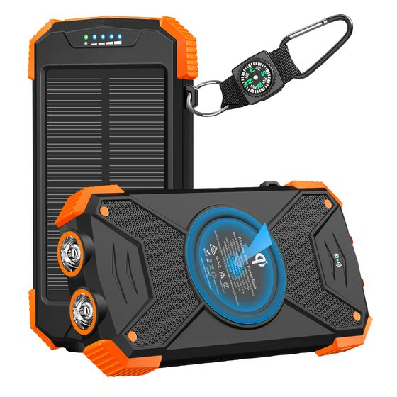 10,000MAH WATER RESISTANT POWER BANK WITH WIRELESS QI + SOLAR RECHARGING