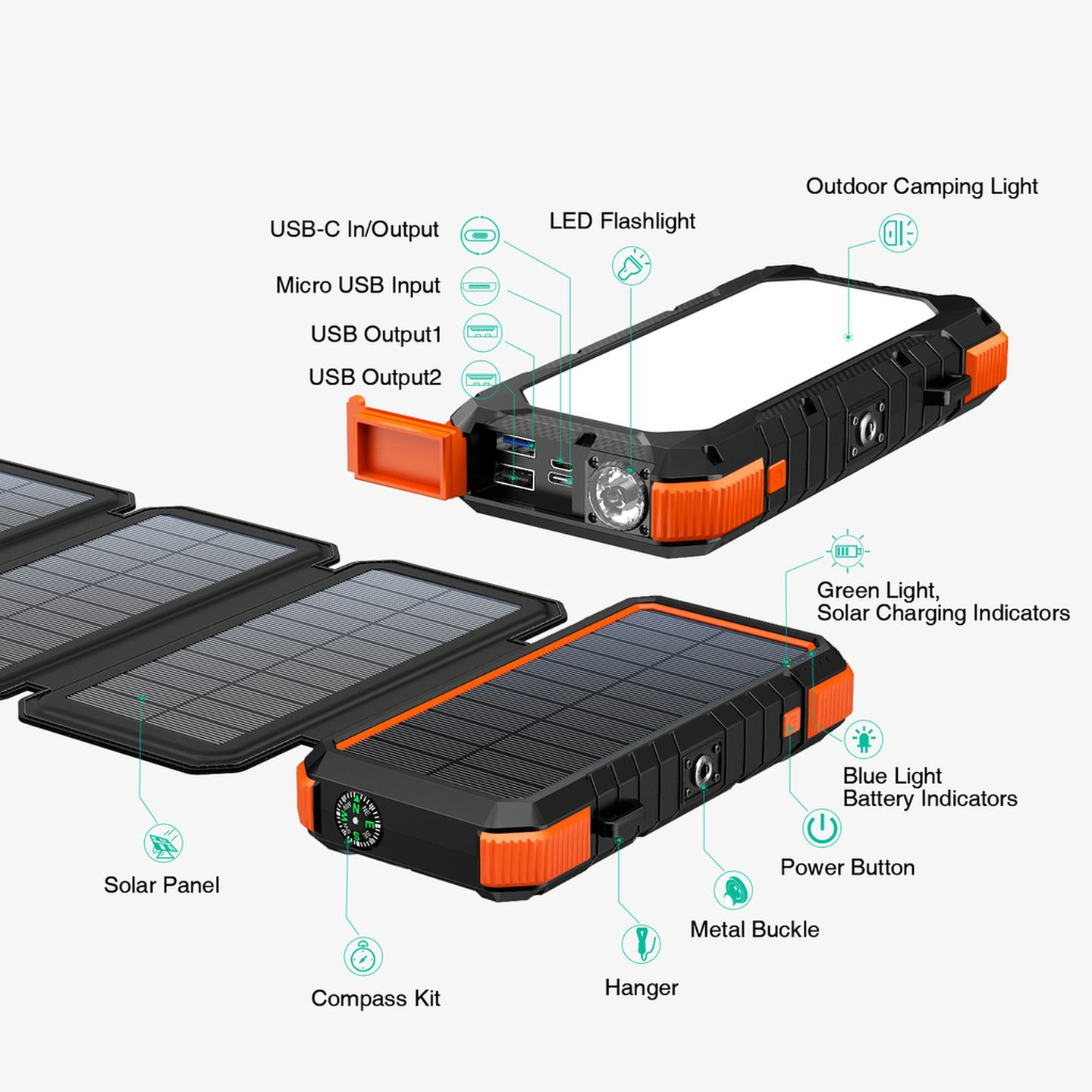 20000mAh Water Resistant Power Bank with Solar Recharging