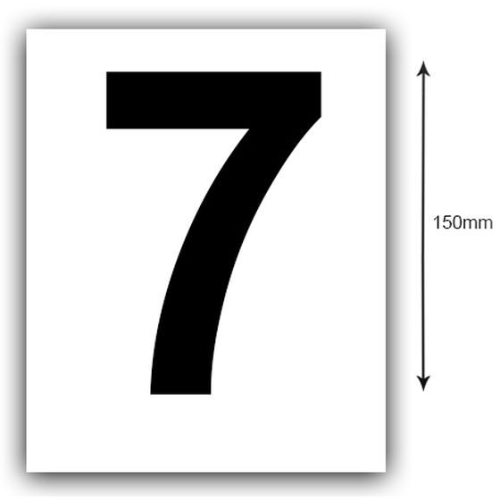 150MM BLACK ON WHITE REGO NUMBER (7) STICKER, SOLD AS A PAIR