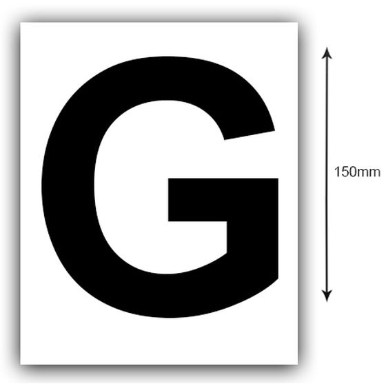 150MM BLACK ON WHITE REGO LETTER (G) STICKER, SOLD AS A PAIR