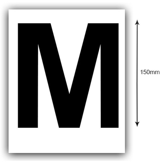 150MM BLACK ON WHITE REGO LETTER (M) STICKER, SOLD AS A PAIR