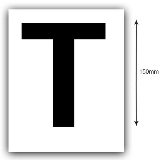 150MM BLACK ON WHITE REGO LETTER (T) STICKER, SOLD AS A PAIR