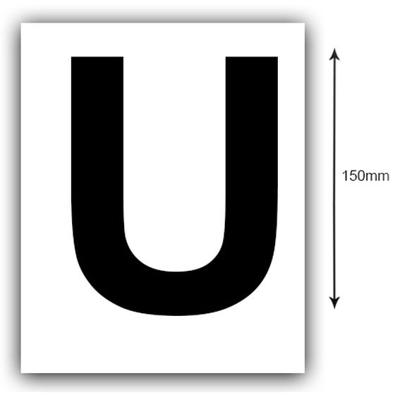 Boat Registration Letter U Sticker – 150mm Black on White, Sold as a Pair (Jaycar)