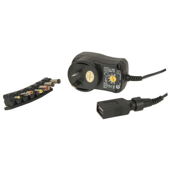 Jaycar 3–12V DC 7.2W Variable Voltage Plugpack – 7 DC Plugs + USB Outlet