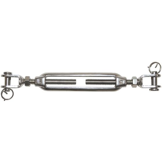 Jaycar Fork to Fork M8 Turnbuckle – 316 Stainless Steel, Open Frame with Locknuts (180–270 mm)