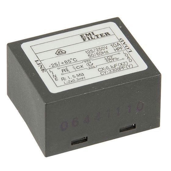 240VAC PCB-Mount EMI Filter – 10A, 1–50MHz Common-Mode Attenuation