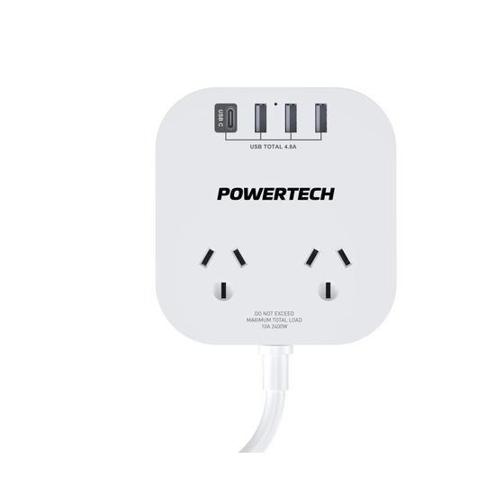 Jaycar 2-Way Desktop Power Board with 4.8A USB Charging (3× USB-A + USB-C)