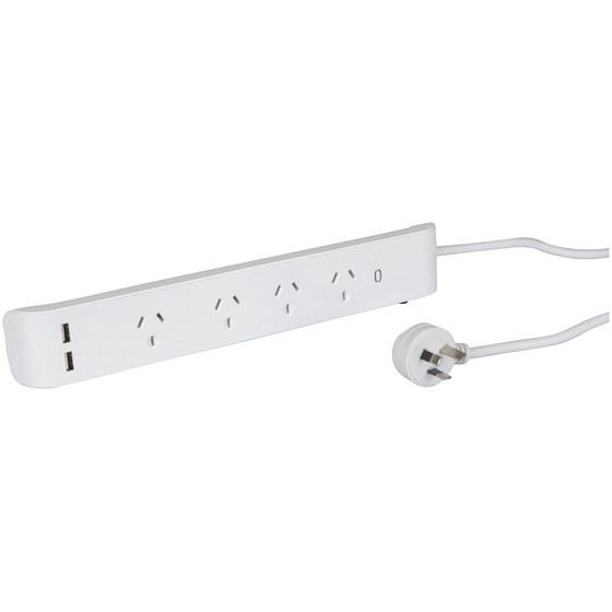Jaycar 4-Way Mains Powerboard with Surge Protection & 2× USB (3.1A)