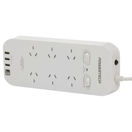 Jaycar 6-Way Power Board – Dual Master Switch, 190J Surge Protection, 2× USB-A + USB-C PD (30W)