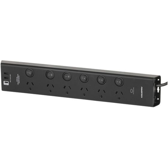 Jaycar Workbench 6-Way Power Board – Individual Switches, Wide Plug Spacing, USB-A + USB-C PD