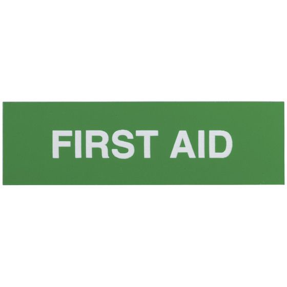 Jaycar Adhesive First Aid Sign – 100 × 30 mm, White on Green, Self-Adhesive Cabinet Label