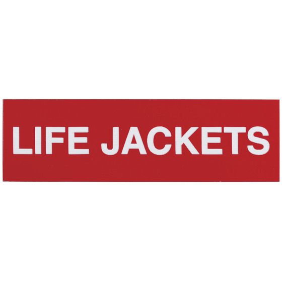 JAYCAR Adhesive Life Jackets Sign 100 x 30mm – White on Red, Self-Adhesive