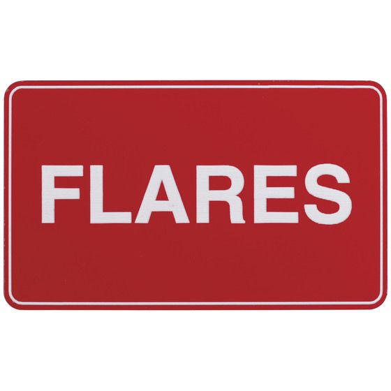 Flares Adhesive Sign 100 x 60mm – White on Red – Self-Adhesive Marine Label