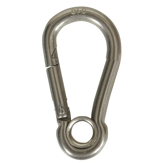 SNAP HOOK STAINLESS STEEL (316 GRADE) CARBINE (CARABINA) STYLE - 50MM LONG 6MM FERRULE EYE 8MM OPENING