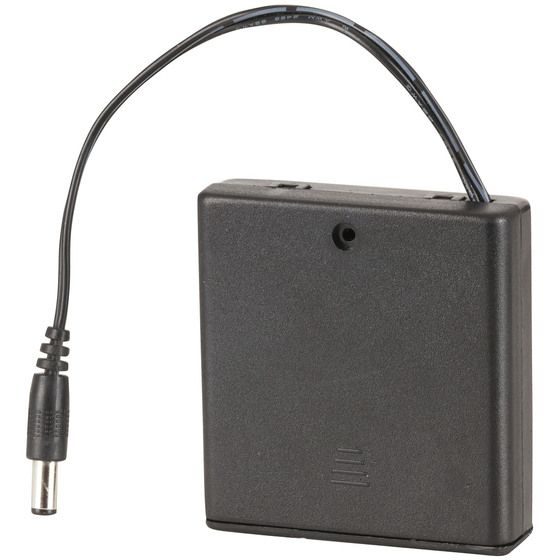 Jaycar 4xAA Switched Battery Enclosure with 2.1mm DC Plug – Delryn, Sliding Cover, Centre Positive