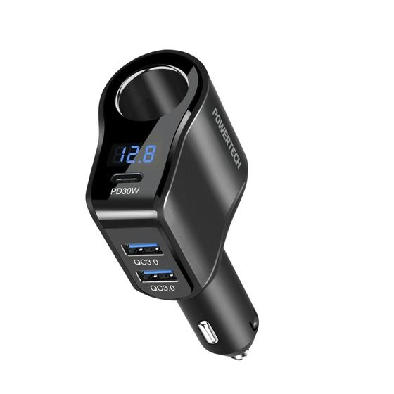 COMPACT CAR CIGARETTE LIGHTER ADAPTOR WITH PD30W AND DUAL QC3.0 OUTPUTS