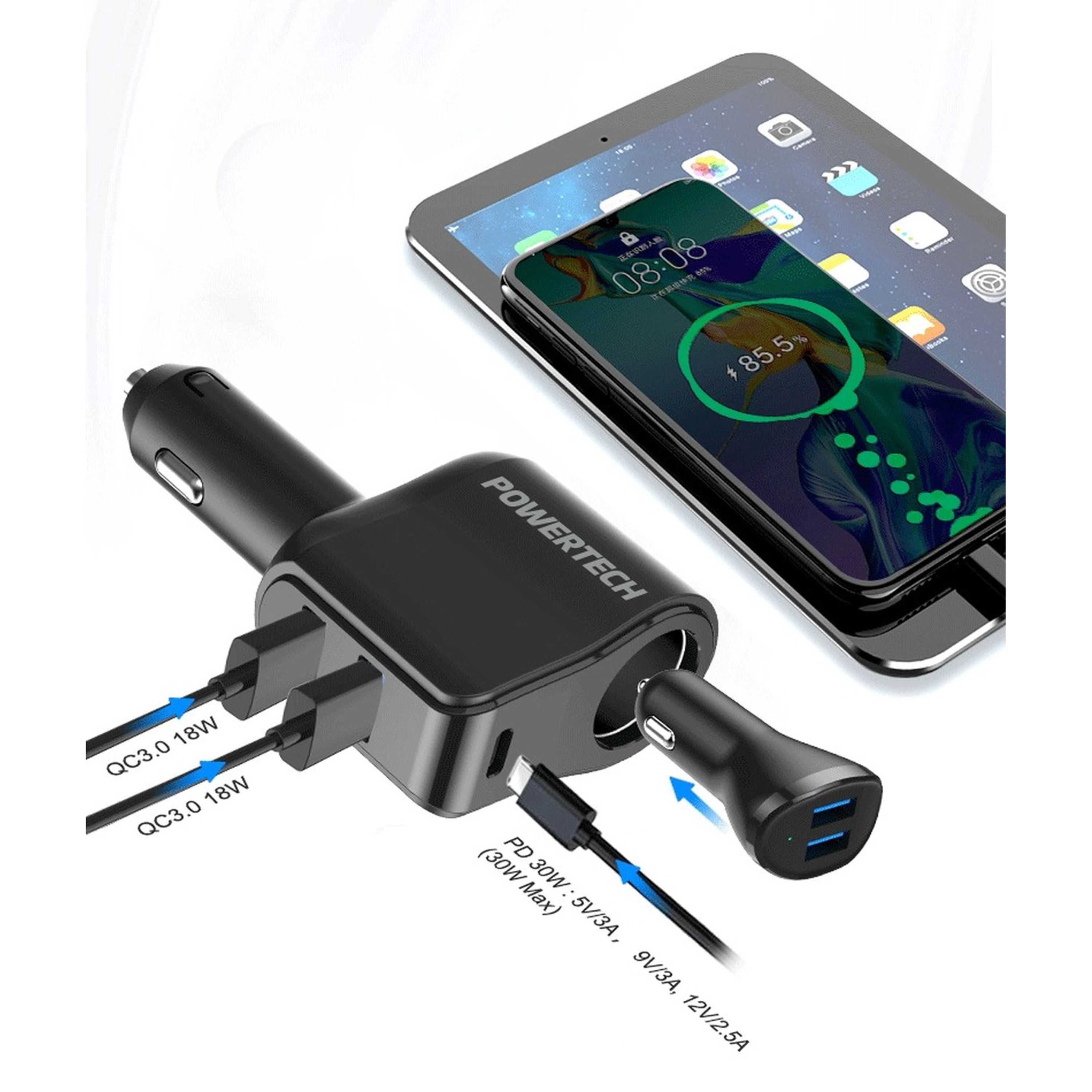 Compact Car Cigarette Lighter Adaptor With PD30W and Dual QC3.0 Outputs