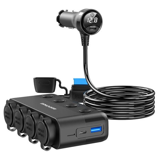 Jaycar 4-Way Cigarette Lighter Splitter with USB Charging Ports & Voltage Display