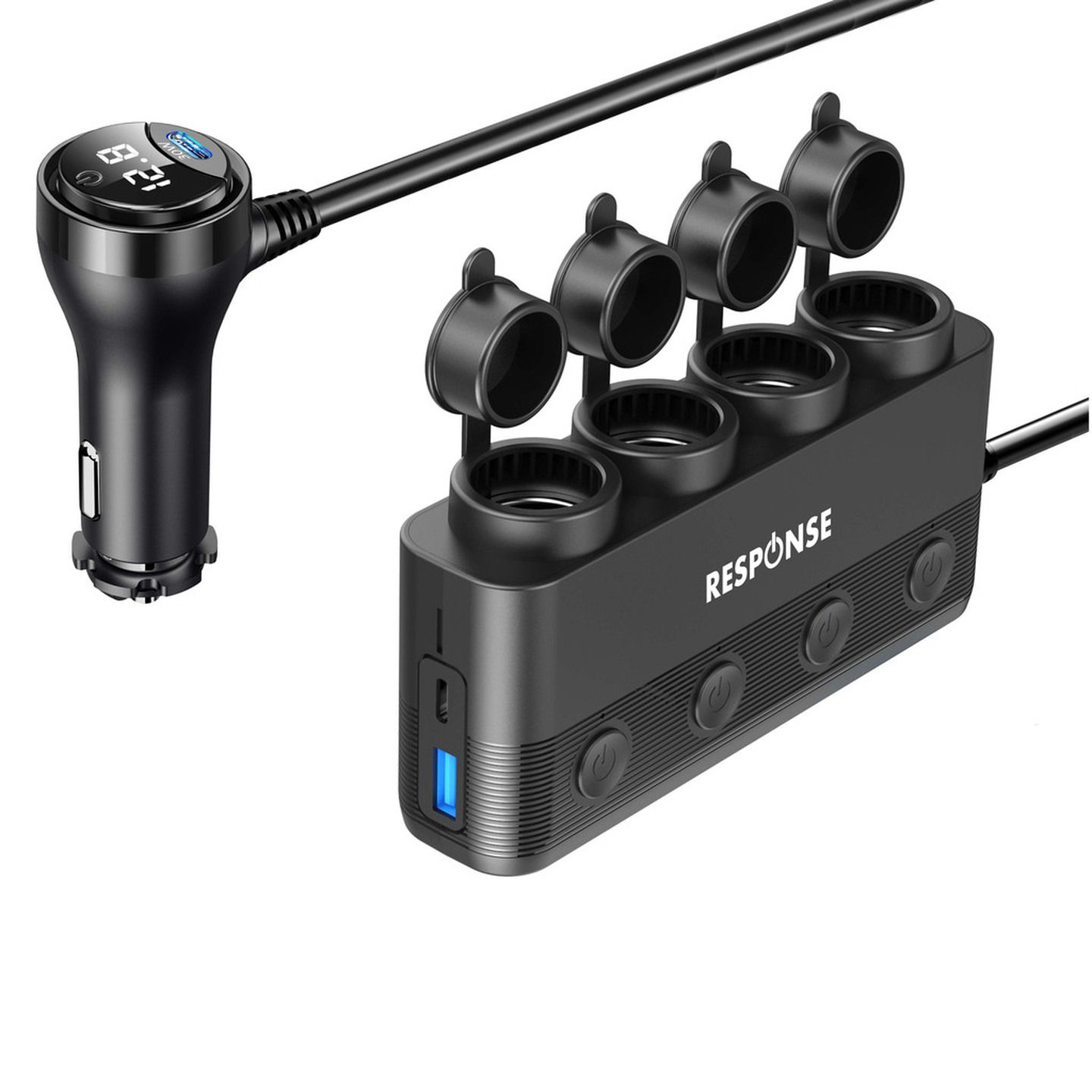 4-Way Cigarette Lighter Splitter with USB Charging Ports and Voltage Display