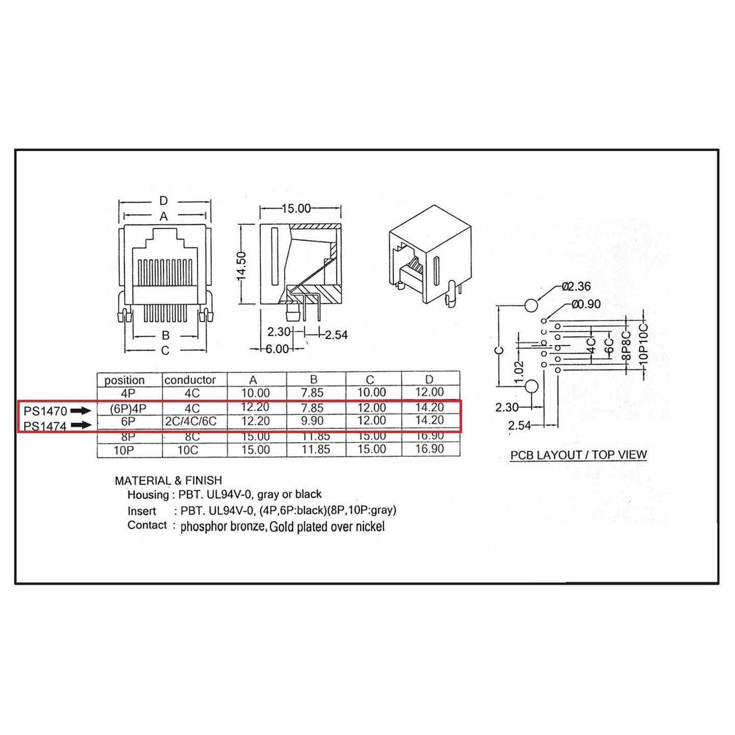 PCB Modular Sockets 4/4 - RJ11