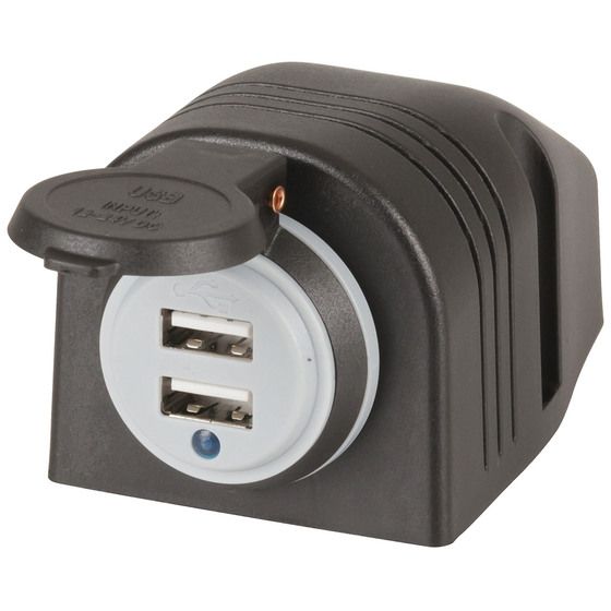 Jaycar 2-Port USB Car Charger – 4.2A Total, Dust Cap & Blue LED Indicator