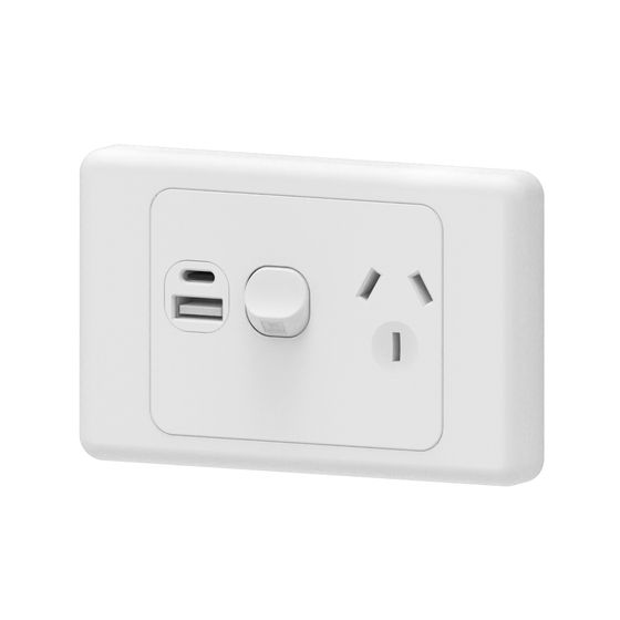 Jaycar Mains 10A Horizontal Powerpoint – Type A & C USB (5V/2.1A) | PS4027