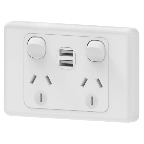 Jaycar 10A Horizontal Double Powerpoint with 2 USB Ports (5V/2.1A) – PS4035