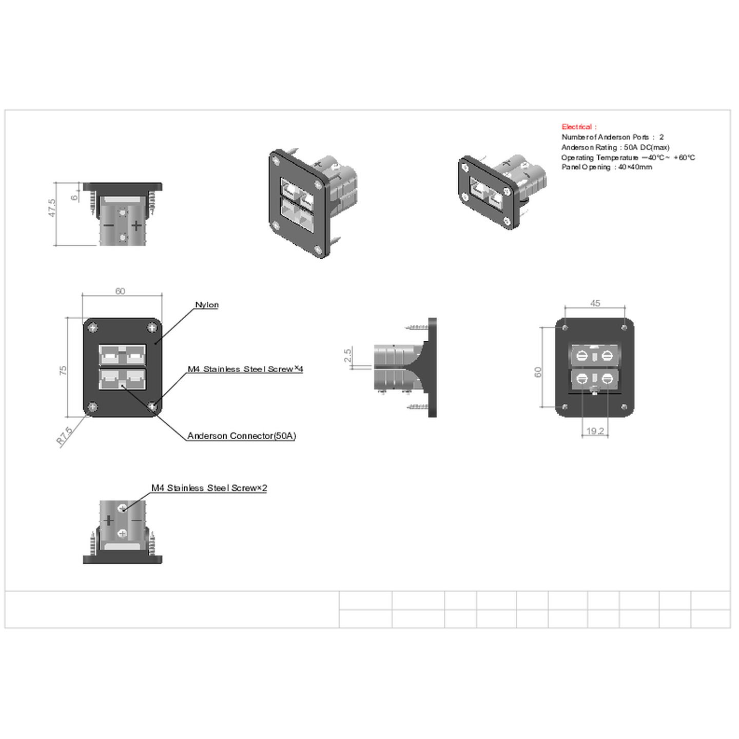 Panel Mount with Two 50A Battery Connectors