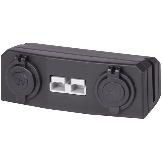 SURFACE MOUNT BRACKET WITH 50A BATTERY CONNECTOR, DOUBLE USB-A AND CIGARETTE SOCKETS