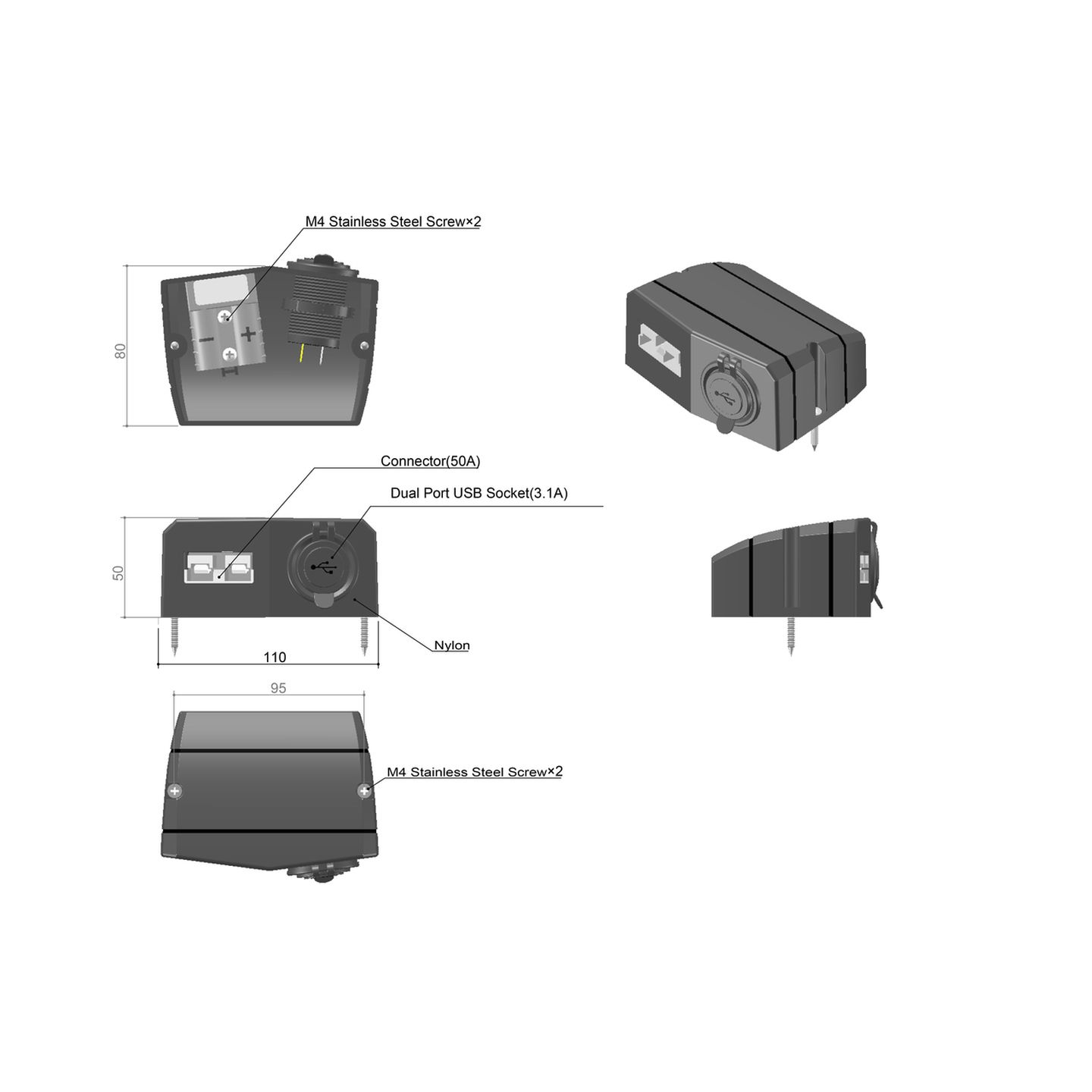 Surface Mount Bracket with 50A Battery Connector and Twin USB Sockets