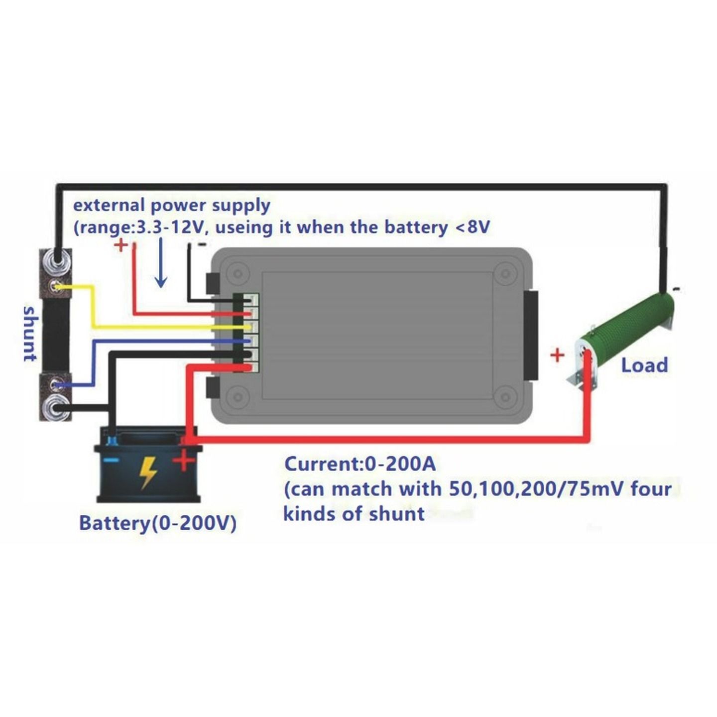 200A 6.5-200V DC Power Battery Meter with External Shunt