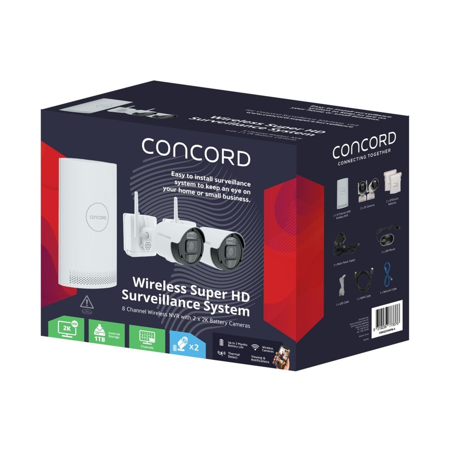 Concord 8CH Wireless 2K NVR Kit with 2x 2K Bullet Battery Cameras