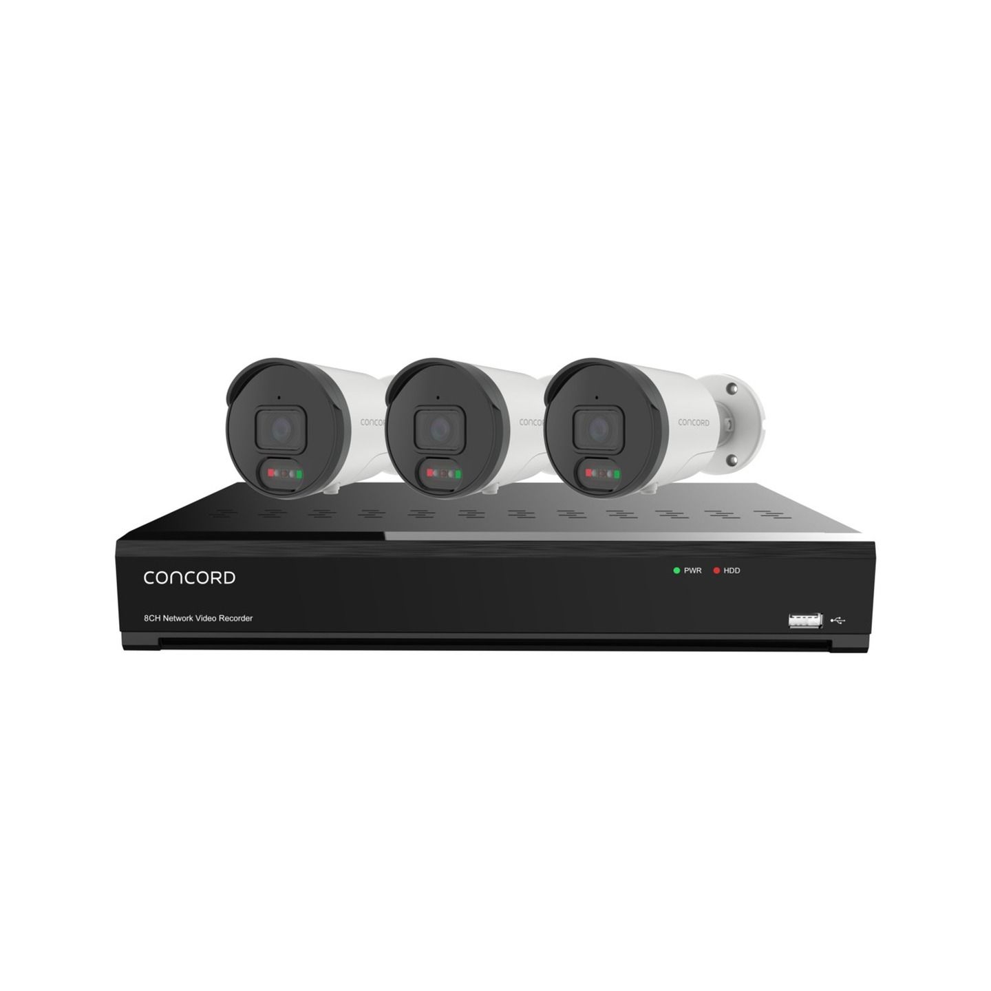 Concord 8 Channel 4K NVR Kit with 3 x 4K Bullet Cameras featuring Red and Green Lights for Deterrence V3