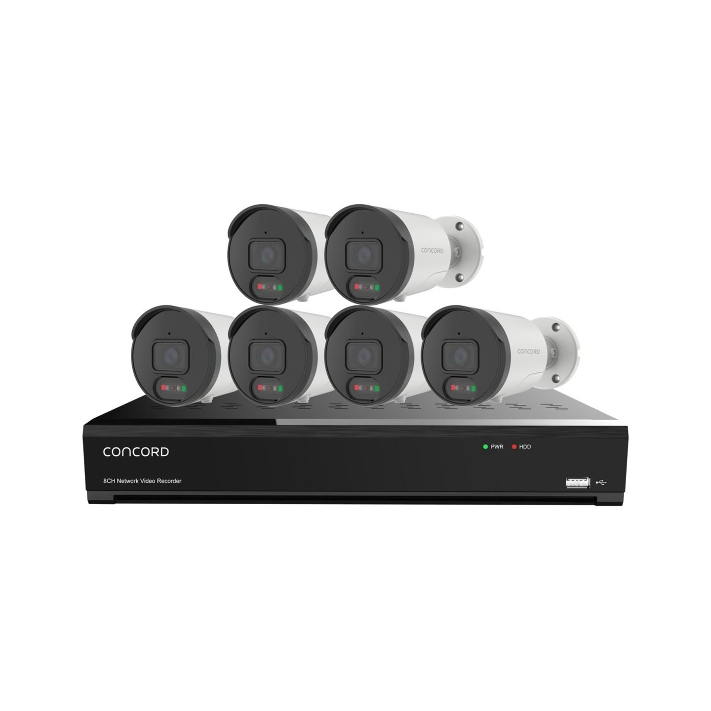 Concord 8 Channel 4K NVR Kit with 6 x 4K Bullet Cameras featuring Red and Green Lights for Deterrence V3.