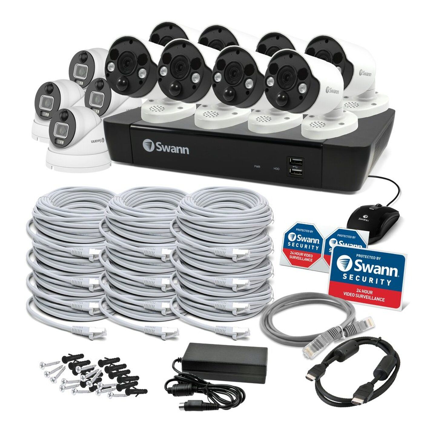 Swann 16CH 6K NVR Kit with 8 x 6K PIR Spot Light Bullet cameras and 4 x 6K PIR Dome Cameras SWNVK-1690008FB4D